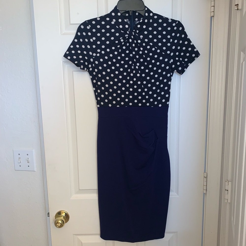 Navy blue polka dot fitted keyhole dress